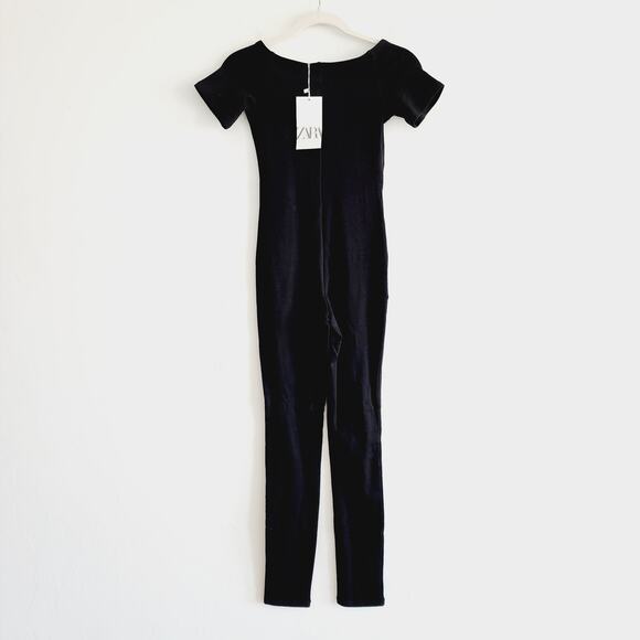 Zara Black Stretch Short Sleeve Leotard Jumpsuit Leggings Size Medium / Large - Picture 2 of 4